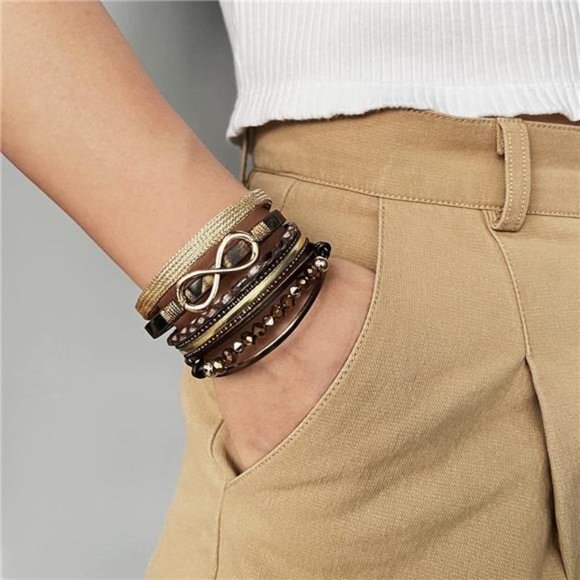 Pearl Beige Leather Multi-Strand Wrap Bracelet - Boho Jewelry - Picture 1 of 6